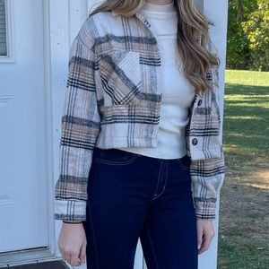 Cream Plaid Cropped Shacket